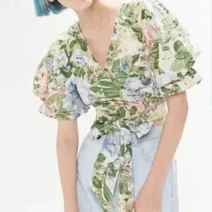 Urban Outfitters | Tops | Urban Outfitters Green Yellow Floral Puff Sleeve  Crop Wrap Top Medium | Poshmark